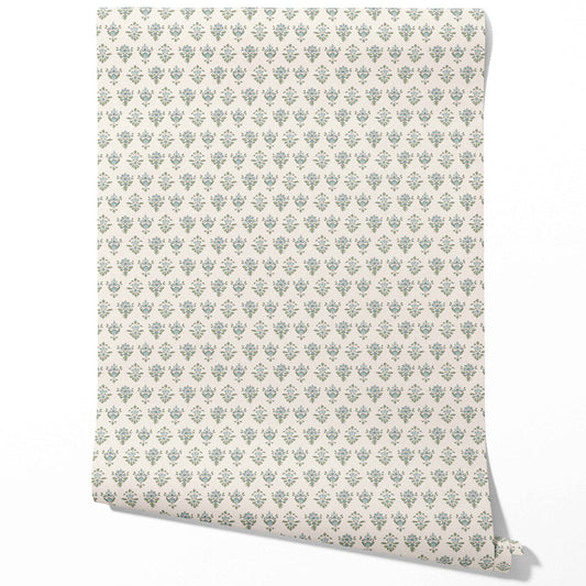 Floral Block Print Traditional Wallpaper Sample (Green/ Pale Blue)