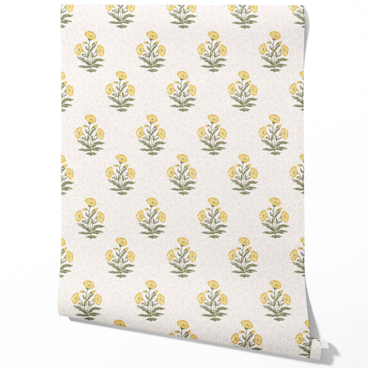 Floral Block Print Traditional Wallpaper Sample (Yellow/ Green)
