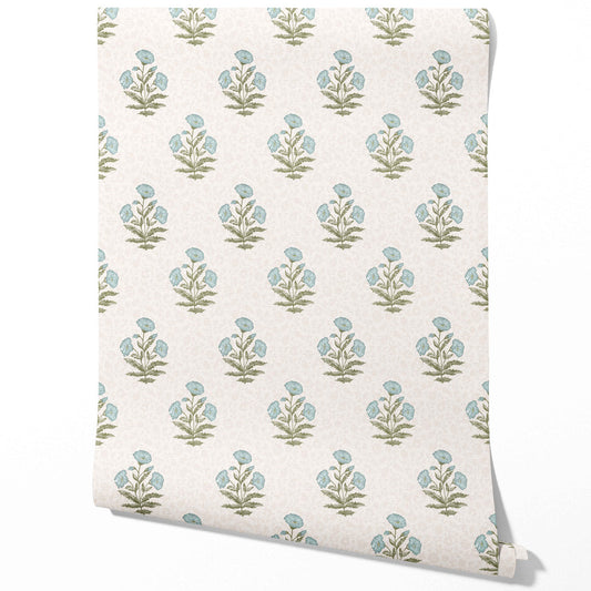 Floral Block Print Traditional Wallpaper (Duck Egg Blue/ Green)