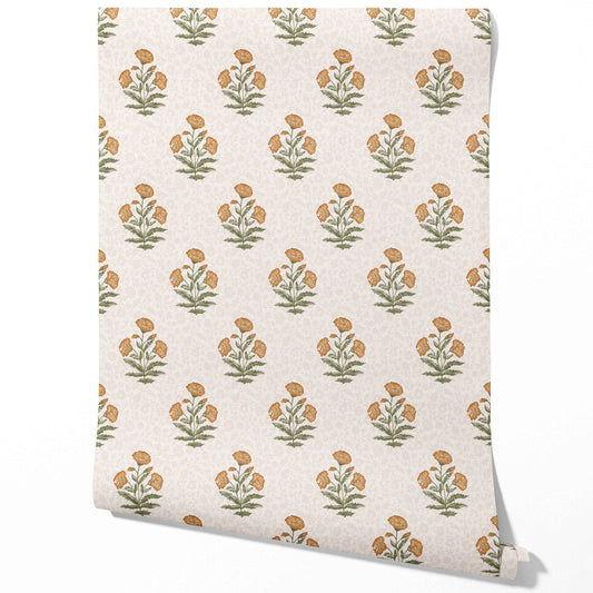 Floral Block Print Traditional Wallpaper Sample (Ochre Yellow/ Green)