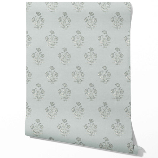 Floral Block Print Traditional Wallpaper Sample (Shell Blue/ Gray)