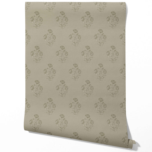 Floral Block Print Traditional Wallpaper Sample (Olive Gray)