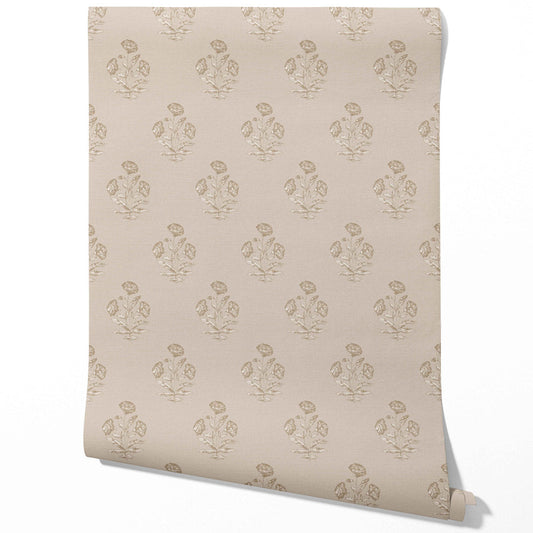Neutral Floral Block Print Traditional Wallpaper Sample (Warm Beige/ Greige/ Brown)