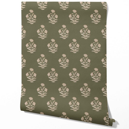 Floral Block Print Traditional Wallpaper Sample (Olive Green/ Beige)