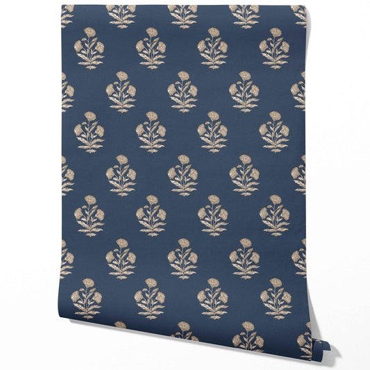 Floral Block Print Traditional Wallpaper Sample (Navy Blue/ Beige)