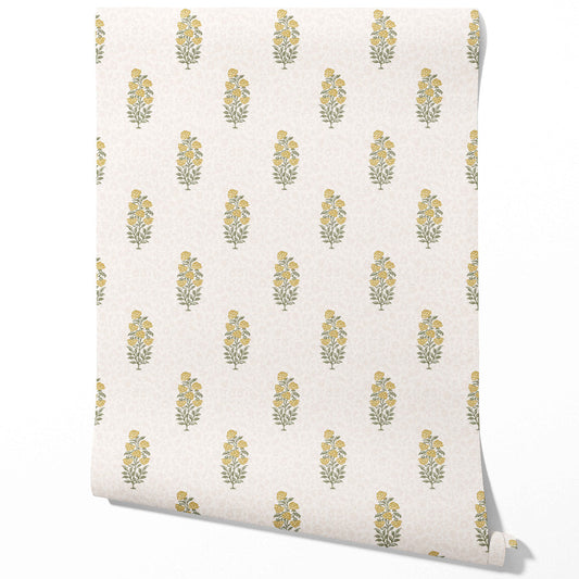 Floral Block Print Traditional Wallpaper (Yellow/ Green)