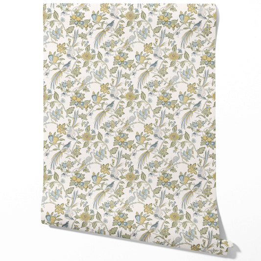Floral/ Birds Print Traditional Wallpaper Sample (Blue/ Green/ Yellow/ Gray)
