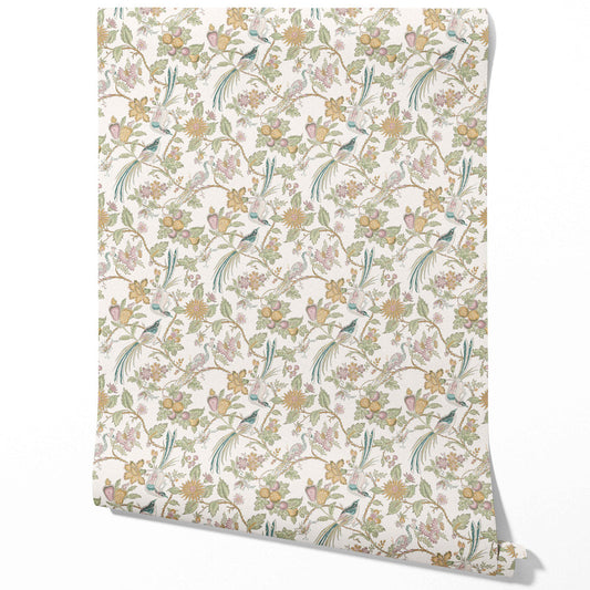 Floral/ Birds Print Traditional Wallpaper Sample (Pink/ Yellow/ Green/ Blue)