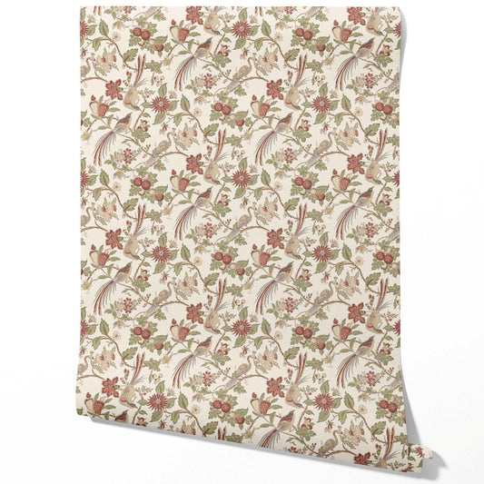 Floral/ Birds Print Traditional Wallpaper Sample (Red/ Brown/ Green/ Beige)