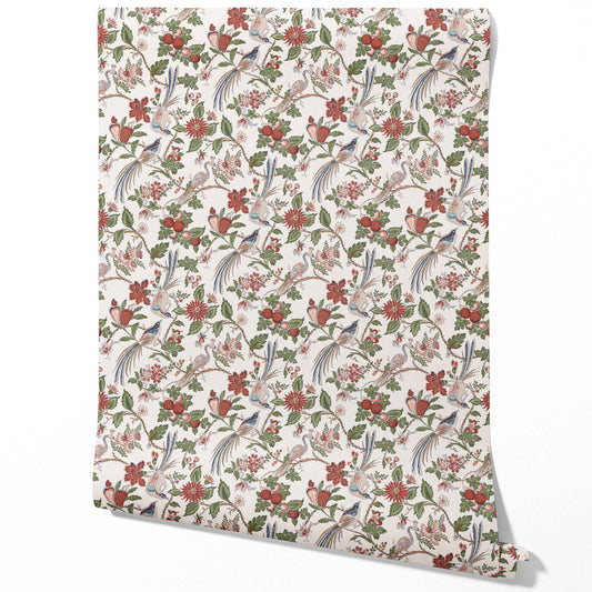 Floral/ Birds Print Traditional Wallpaper Sample (Deep Red/ Pink/ Green/ Gray/ Blue)
