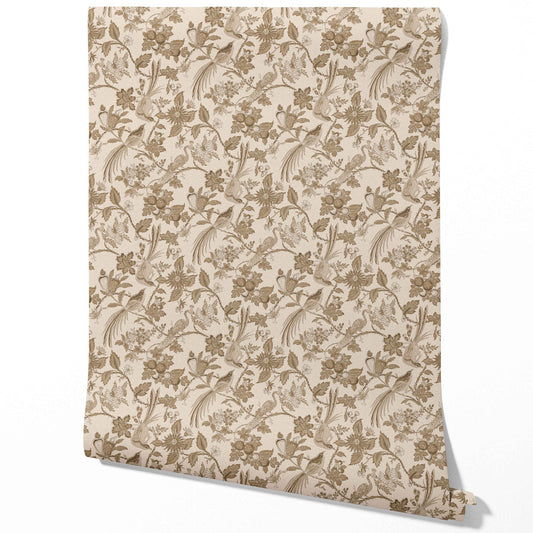 Neutral Floral/ Birds Print Traditional Wallpaper Sample (Brown/ Beige/ Taupe)