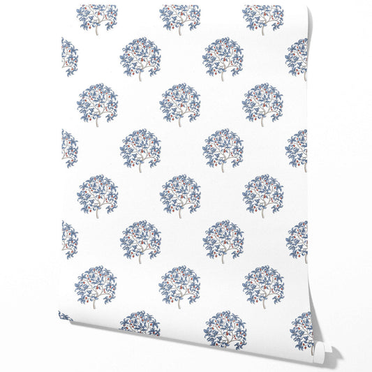 Floral Block Print Traditional Wallpaper Sample (Navy Blue/ Red)