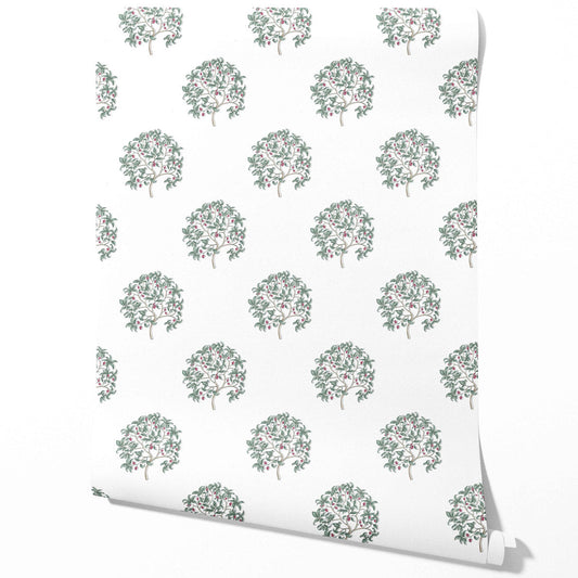 Floral Block Print Traditional Wallpaper Sample (Green/ Pink)