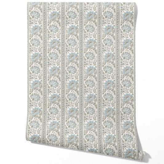 Vintage Floral Striped/ Botanical Traditional Wallpaper Sample (Blue/ Green/ Sage Gray)