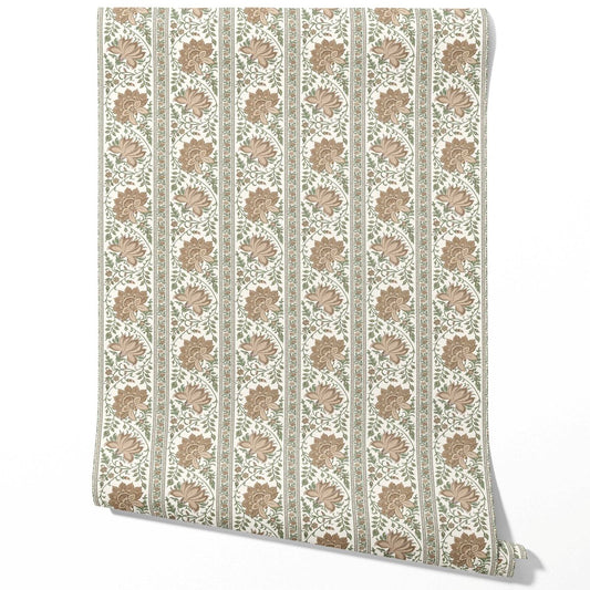 Vintage Floral Striped/ Botanical Traditional Wallpaper Sample (Brown/ Green)