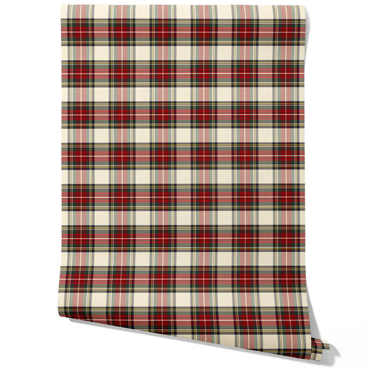 Geometric Plaid Checkered Traditional Wallpaper Sample (Red/ Cream/ Green/ Yellow)
