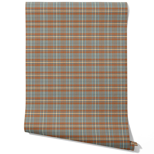 Geometric Plaid Checkered Traditional Wallpaper Sample (Blue/ Brown/ Red)