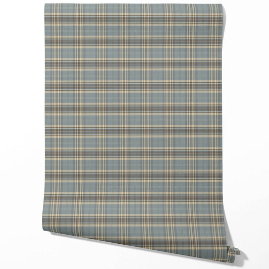 Geometric Plaid Checkered Traditional Wallpaper Sample (Gray/ Blue/ Beige/ Brown)