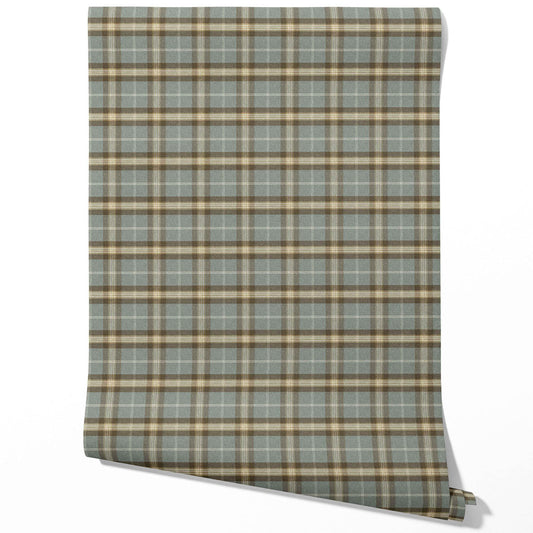 Geometric Plaid Checkered Traditional Wallpaper Sample (Blue-Gray/ Brown)