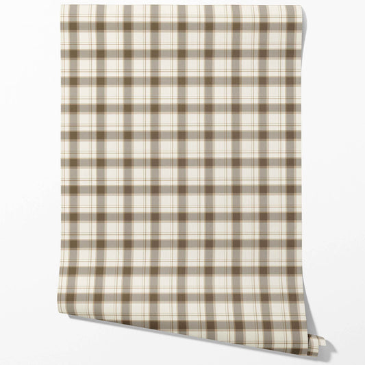 Neutral Geometric Plaid Checkered Traditional Wallpaper Sample (Mocha Brown/ Beige/ Off-White)