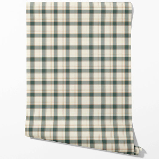 Geometric Plaid Checkered Traditional Wallpaper Sample (Teal Green/ Beige/ Off-White)