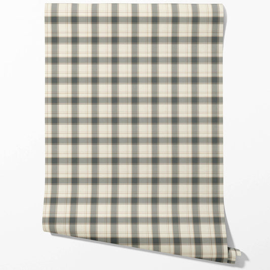 Neutral Geometric Plaid Checkered Traditional Wallpaper Sample (Charcoal Black/ Off-White/ Beige)