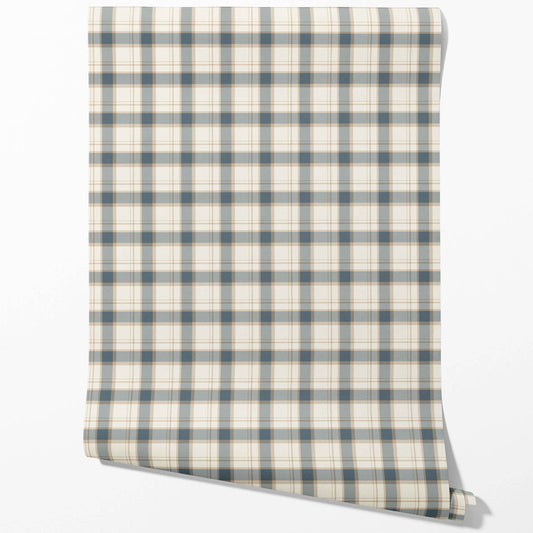 Neutral Geometric Plaid Checkered Traditional Wallpaper Sample (Teal Blue/ Off-White/ Beige)