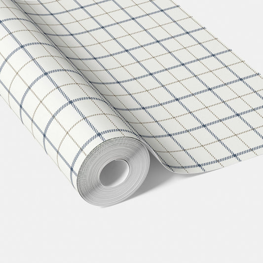 Windowpane Checkered/ Plaid Traditional Wallpaper Sample (Navy Blue/ White/ Taupe)