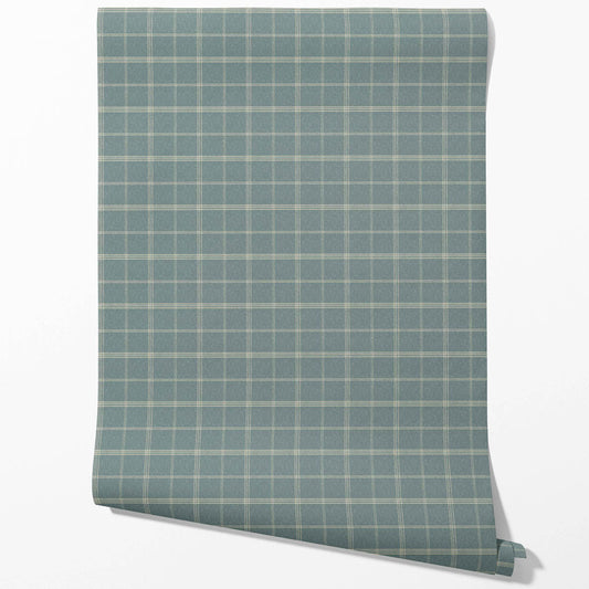 Geometric Plaid Checkered Traditional Wallpaper Sample (Teal Blue/ Gray)
