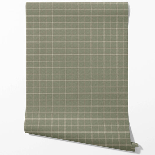 Geometric Plaid Checkered Traditional Wallpaper Sample (Olive Green)