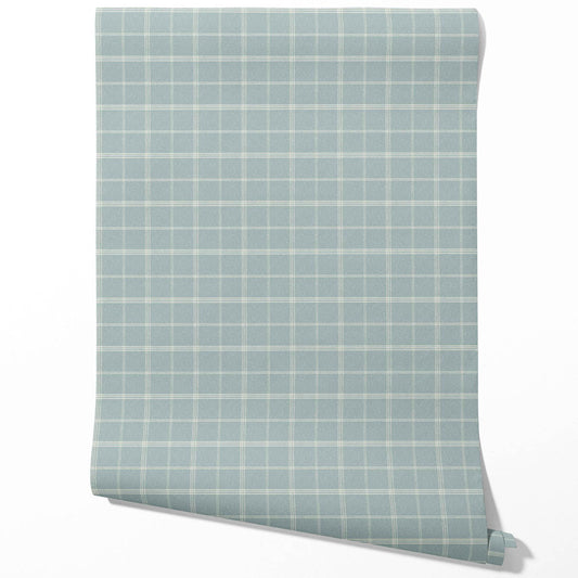Geometric Plaid Checkered Traditional Wallpaper Sample (Duck Egg Blue)