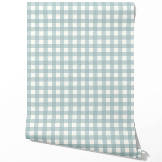 Geometric Gingham Checkered Traditional Wallpaper Sample (Seafoam Blue)