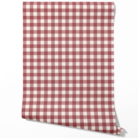 Geometric Gingham Checkered Traditional Wallpaper Sample (Burgundy Red)