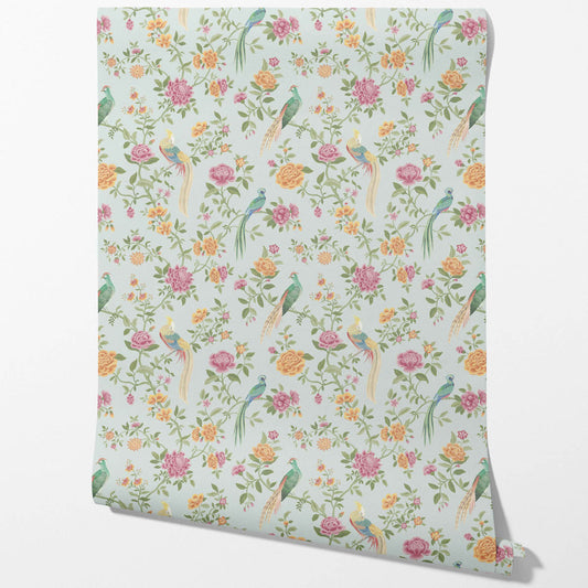 Floral Chinoiserie/ Nature Bird Print Traditional Wallpaper Sample (Duck Egg Blue/ Pink/ Green/ Yellow)