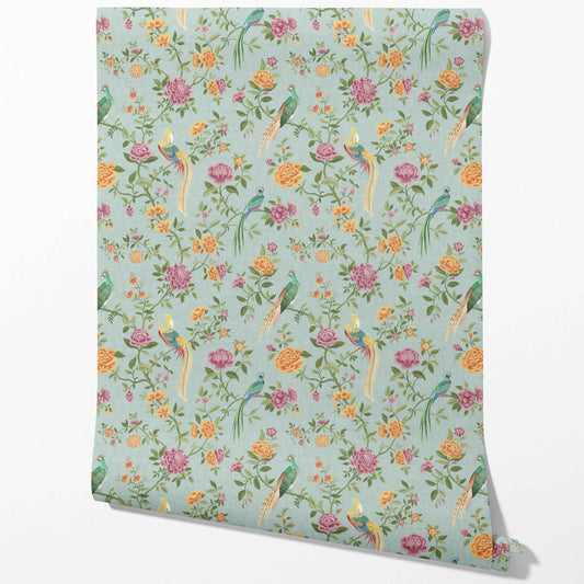 Floral Chinoiserie/ Nature Bird Print Traditional Wallpaper Sample (Blue/ Pink/ Green/ Yellow/ Orange)