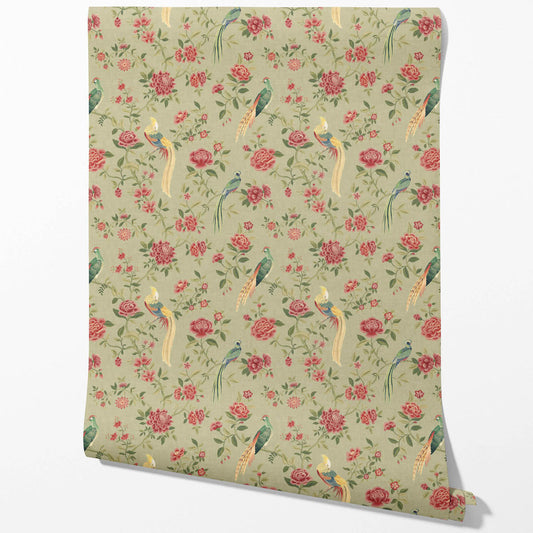 Floral Chinoiserie/ Nature Bird Print Traditional Wallpaper Sample (Olive Green/ Red/ Yellow)