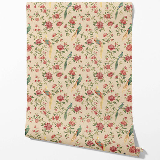 Floral Chinoiserie/ Nature Bird Print Traditional Wallpaper Sample (Peach/ Red/ Green/ Yellow)