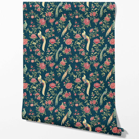 Floral Chinoiserie/ Nature Bird Print Traditional Wallpaper Sample (Teal Blue/ Pink/ Green/ Yellow)