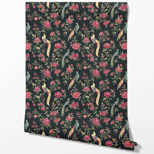 Floral Chinoiserie/ Nature Bird Print Traditional Wallpaper Sample (Black/ Pink/ Green/ Blue/ Yellow)