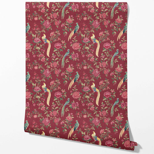 Floral Chinoiserie/ Nature Bird Print Traditional Wallpaper Sample (Red/ Pink/ Green/ Yellow)