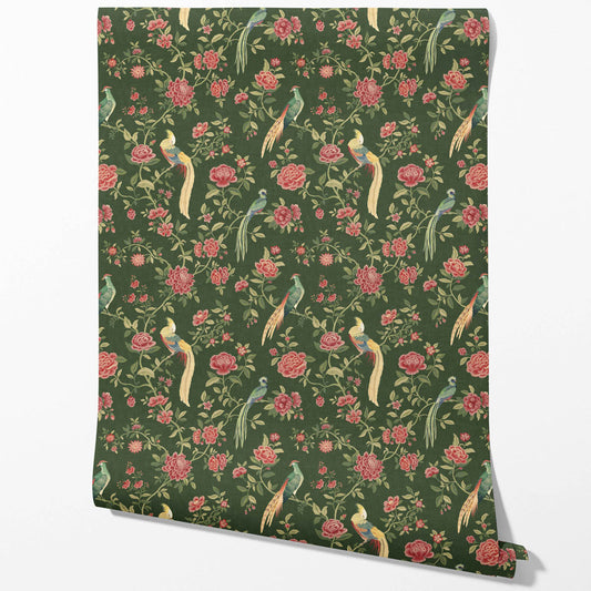 Floral Chinoiserie/ Nature Bird Print Traditional Wallpaper Sample (Green/ Pink/ Yellow)