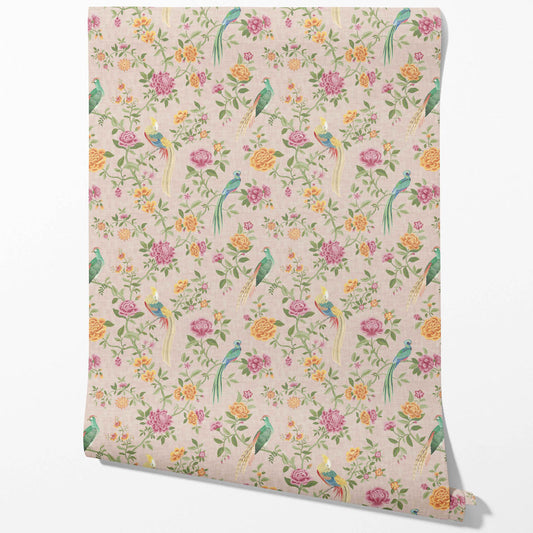 Floral Chinoiserie/ Nature Bird Print Traditional Wallpaper Sample (Pale Pink/ Green/ Blue/ Orange/ Yellow)