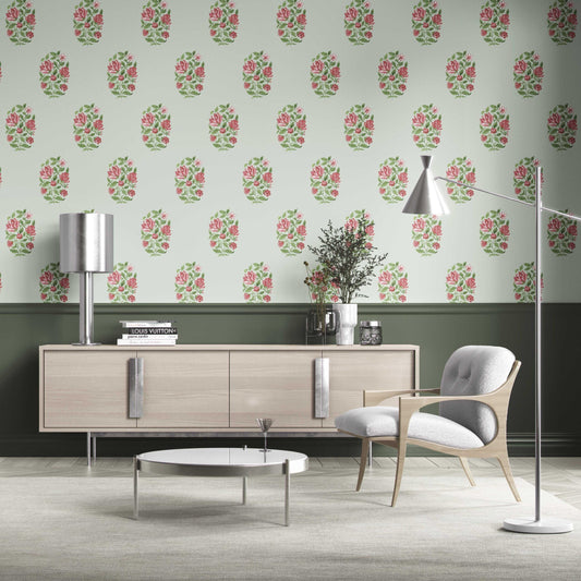 Floral Block Print Traditional Wallpaper Sample (Mint Green/ Pink-Red)