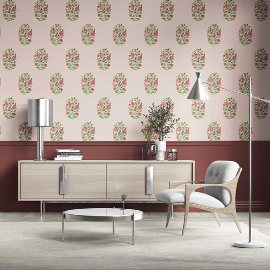 Floral Block Print Traditional Wallpaper Sample (Pink/ Green)