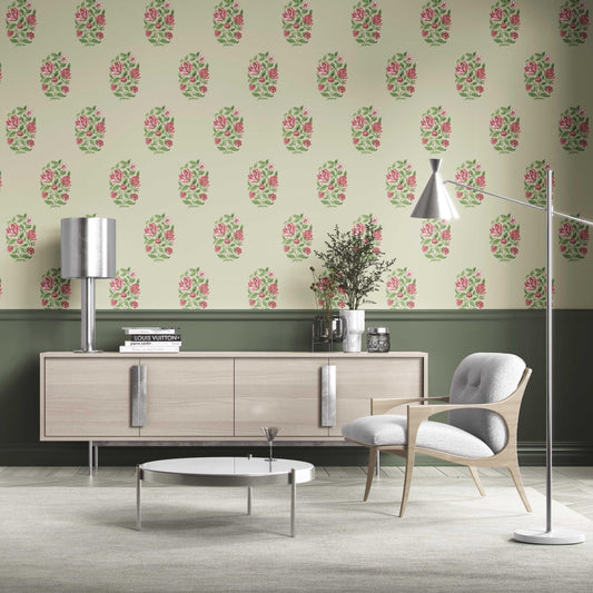 Floral Block Print Traditional Wallpaper Sample (Sage Green/ Pink-Red)