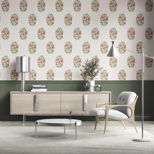 Floral Block Print Traditional Wallpaper (White/ Green/ Pink-Red)