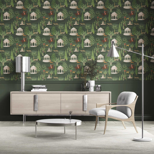 Vintage Heritage/ Ethnic Chinoiserie Traditional Wallpaper Sample (Green/ White/ Brown/ Red)