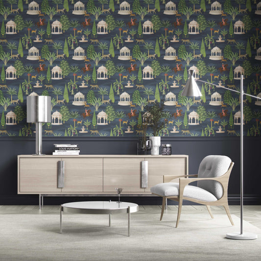 Vintage Heritage/ Ethnic Chinoiserie Traditional Wallpaper Sample (Navy Blue/ Green/ White/ Brown/ Red)