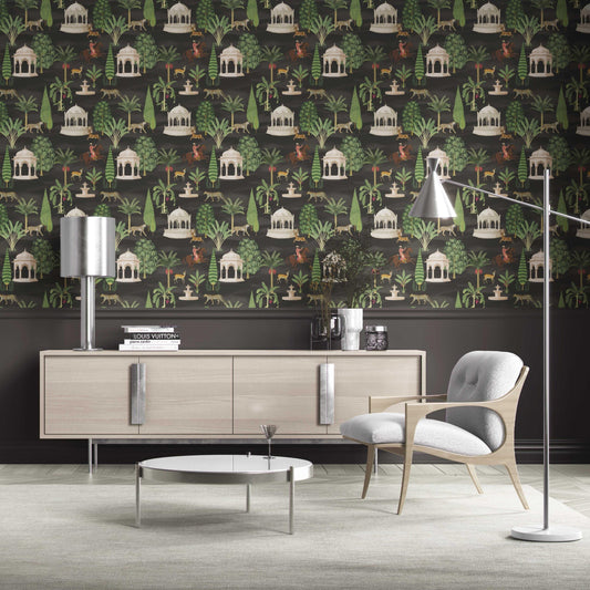 Vintage Heritage/ Ethnic Chinoiserie Traditional Wallpaper Sample (Black/ Brown/ White/ Red)