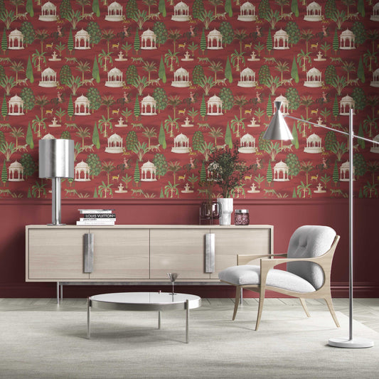Vintage Heritage/ Ethnic Chinoiserie Traditional Wallpaper Sample (Red/ Green/ White/ Brown)